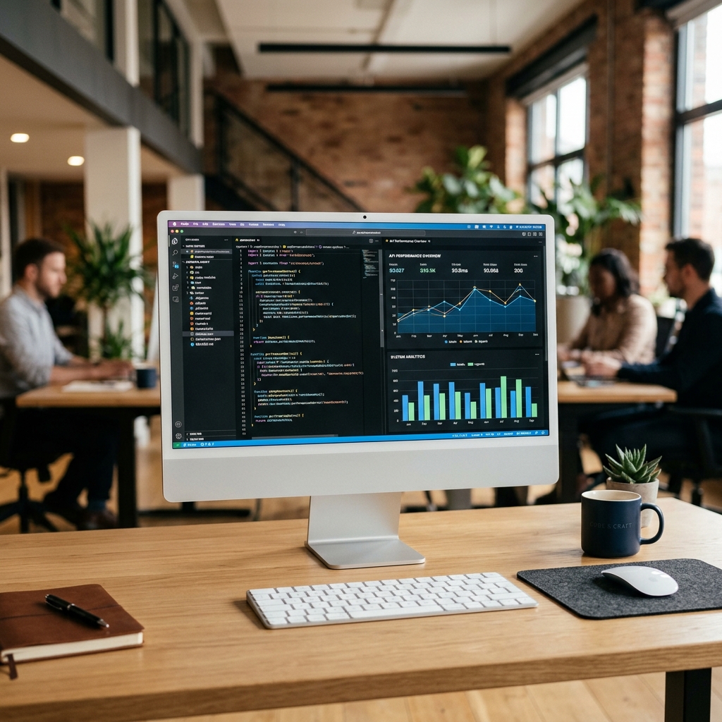 Office Mockup showing code and charts